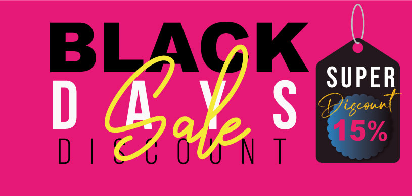 Black Days Sale banner with a 15% discount offer.